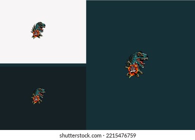 head dino and red flower vector illustration logo design