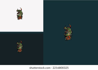 head dino and red flower vector illustartion