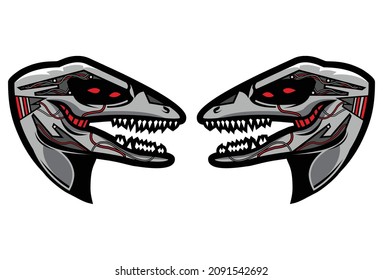 head of dinosaurus half cyborg with white background