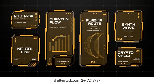 Head up display elements with various futuristic data representations. Abstract user interface for technology concept.