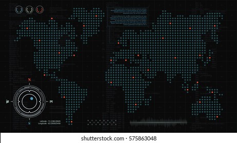 Head Up Display. Futuristic Background With Computer Code, HUD User Interface Elements And Dotted World Map For Your Design