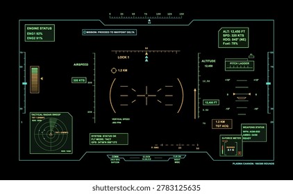 Head Up Display, Futuristic Fighter Jet Cockpit HUD Display. Neon sci-fi aircraft HUD on black background showing targeting reticles, radar sweep, altitude, airspeed, engine status. Vector Sci-fi UI