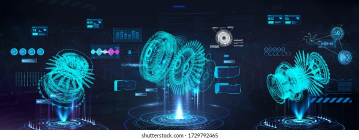 Head up display (HUD) with holograms 3D models parts. Turbine aircraft set with futuristic user interface. Engineering x ray mechanisms  with infographics and data. GUI, UI design. Vector HUD set