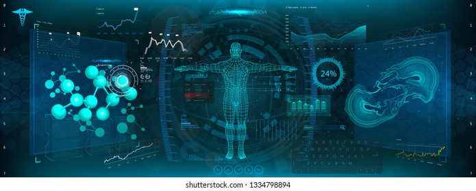 Head Up Display (HUD) UI for Medical App, Futuristic Medical HUD Interface, virtual graphic touch UI with illustration of Brain Scan, Heart Scan, DNA, Human Body, Molecule and Electrocardiogram.Sci-fi