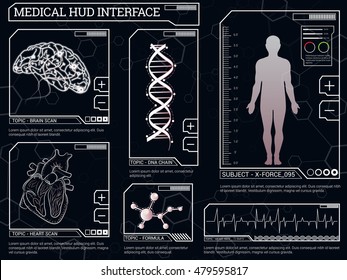 Head Up Display (HUD) UI For Medical App, Futuristic Medical HUD Interface, Virtual Graphic Touch UI With Illustration Of Brain Scan, Heart Scan, DNA, Human Body, Molecule And Electrocardiogram.