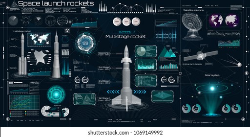 Head up display, HUD UI style. Space launch rockets, Big set, space elements (Radars, 3D rockets, Spaceships, Antenna, Satellite and Hologram Solar System) in HUD style. Sky-fi elements set. Vector