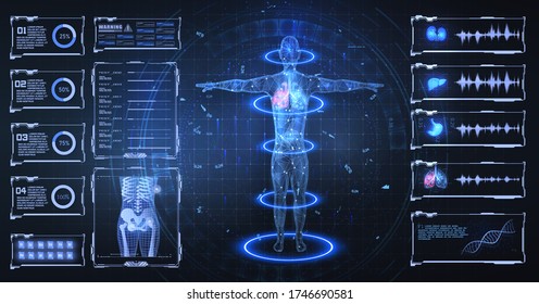 Head Up Display (HUD) UI,GUI for medical app. Futuristic virtual graphic modern Medical HUD Interface. Medical infographic. Hi-Tech, Research of human health. Diagnostic Scan, liver, kidney,lungs, DNA