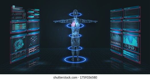 Head Up Display (HUD) UI,GUI for medical app. Futuristic virtual graphic modern Medical HUD Interface. Medical infographic. Hi-Tech, Research of human health. Diagnostic Scan, Digital x-ray human body