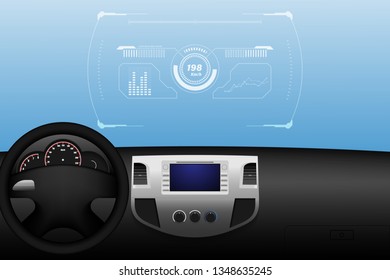 Head up display (HUD) and various displays in vehicle interior, vector illustration eps10