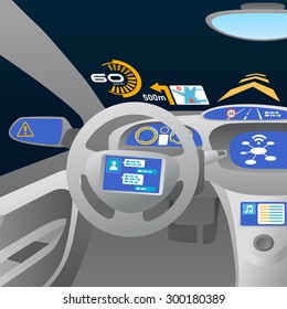 Head Up Display (HUD) And Various Displays In Car, Vector Illustration