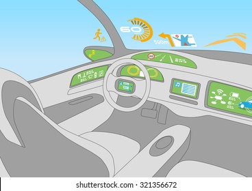 Head Up Display (HUD) And Various Displays In Car, Line Drawing Illustration