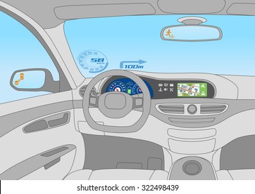 Head up display (HUD) and various displays in vehicle interior, vector illustration
