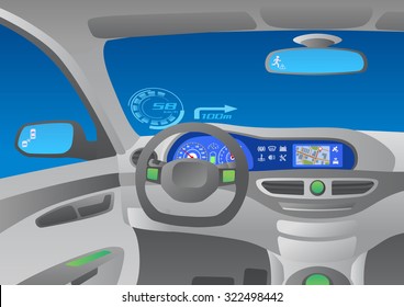 Head up display (HUD) and various displays in vehicle interior, vector illustration
