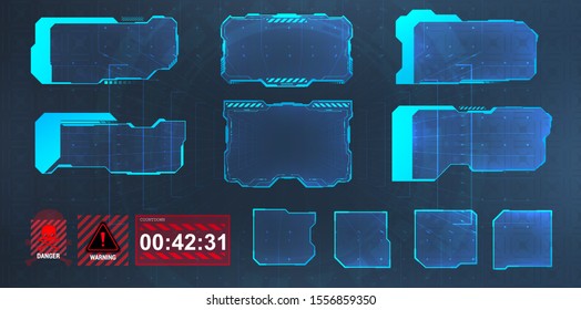Head Up Display interface screens. Futuristic data panels, informative frames in HUD style. High tech screen for video game, GUI. Sci, sky-fi Elements. Vector set HUD interface frames.