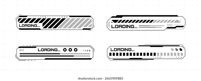 Head up display loading bars set. Futuristic vector loading indicator designs for gui, software, and applications.