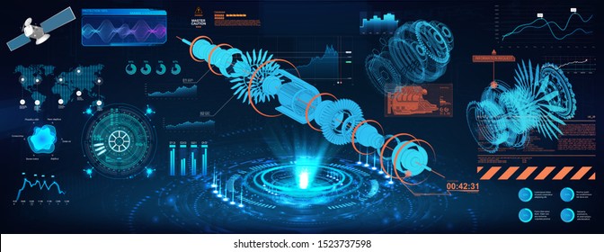 Head Up Display - Project, Holograms Mechanisms. Jet Engine Blueprint And Gear Xray With Futuristic HUD Interface. Futuristic Geometric Parts Of The Mechanism. Vector Illustration 