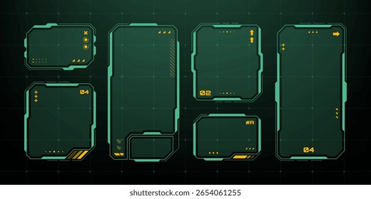 Head up display vetor frames, elementos futuristas UI jogo. Retro cyber interface, painel de informações digitais, painel de ficção científica.
