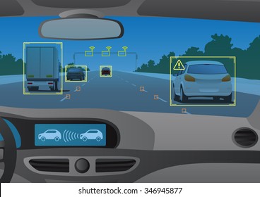 Head up display(HUD) and various information, vehicle interior, vector illustration