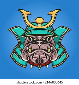 Head dog animal wearing samurai helmet vector illustration