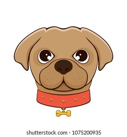 Head Of Dog With Collar Isolated On White Background, Illustration.