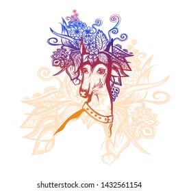 The head of dog with floral crown. Prints girls. Hand drawn illustration for fashion tattoo art.