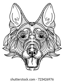 The head of a dog. German Shepherd. Drawing by hand in vintage style. Meditative coloring. coloring for children. A horse with a long mane. Arrows, points, patterns.