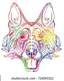 The head of a dog. German Shepherd. Drawing by hand in vintage style. Meditative coloring. coloring for children. A horse with a long mane. Arrows, points, patterns.