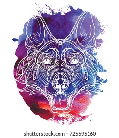 The head of a dog. German Shepherd. Drawing by hand in vintage style. Meditative coloring. coloring for children. A horse with a long mane. Arrows, points, patterns.