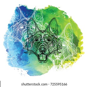 The head of a dog. German Shepherd. Drawing by hand in vintage style. Meditative coloring. coloring for children. A horse with a long mane. Arrows, points, patterns.