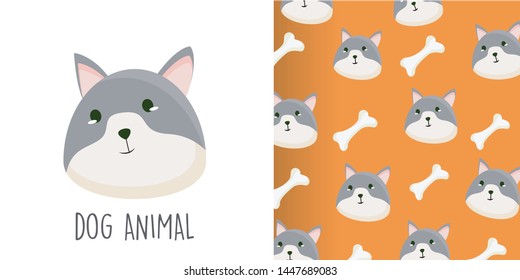 head dog ilustration and seamless pattern