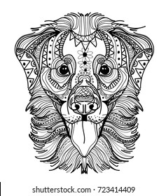 The head of a dog. Labrador retriever. Drawing by hand in vintage style. Meditative coloring. coloring for children. A horse with a long mane. Arrows, points, patterns.