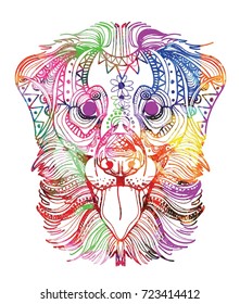 The head of a dog. Labrador retriever. Drawing by hand in vintage style. Meditative coloring. coloring for children. A horse with a long mane. Arrows, points, patterns.
