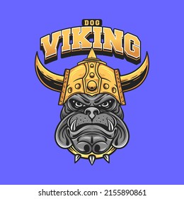 Head dog mascot logo viking helmet vector illustration