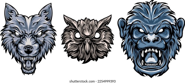 Head of dog, monkey, owl. Abstract character illustrations. Graphic logo design template for emblem. Image of portraits.