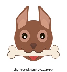 Head dog puppy with bone in mouth. Vector clipart on clear white background.