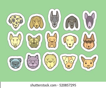 Head of dog and puppy set. Vector hand drawn dog breeds stickers
