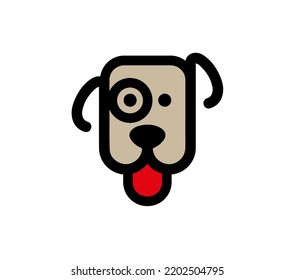 Head of the dog with red tongue out. Simple linear drawing of a puppy.