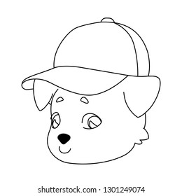 The head of the dog is turned half-sided. Linear, black and white image of a pet in a cap with a visor. Vector illustration for coloring book, stencil, design, prints.