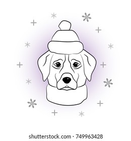 Head of dog in winter hat and scarf on snowflakes background. Pet in winter suit. Hand draw sketch of Labrador. Coloring page for children and adults. Vector illustration.