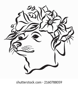 Head of a dog in a wreath of flowers. Cute whippet dog in a flower wreath. Stylish hand drawn dog portrait. Linear drawing. 