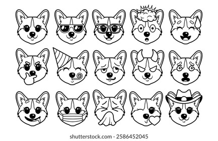 Head of dogs emoticon outline vector illustration set