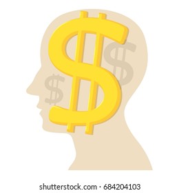 Head with dollar icon, cartoon style