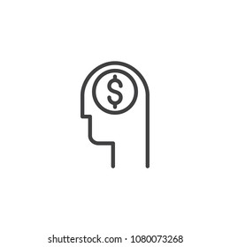Head with dollar outline icon. linear style sign for mobile concept and web design. Thinking for money simple line vector icon. Symbol, logo illustration. Pixel perfect vector graphics