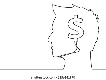 Head with dollar symbol -continuous line drawing