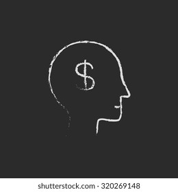 Head with dollar symbol hand drawn in chalk on a blackboard vector white icon isolated on a black background.