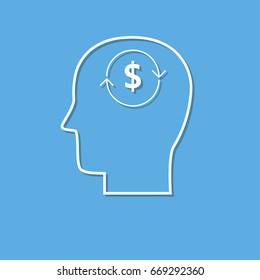 Head with dollar symbol icon, analysis concept cut from white paper. Creative logo design. Modern pictogram concept for web design