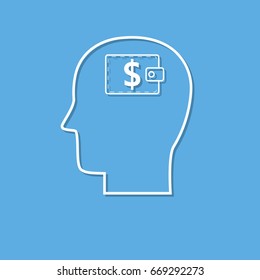 Head with dollar symbol icon cut from white paper. Creative logo design. Modern pictogram concept for web design