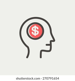 Cabeza con el símbolo del dólar línea delgada para la web y el móvil, moderno diseño minimalista plano. Icono del vector con contorno gris oscuro y color de desplazamiento en fondo gris claro.