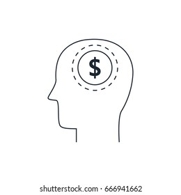 Head with dollar symbol icon,flat design ,thin line style. Stroke vector pictogram concept for web design