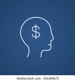 Head with dollar symbol line icon for web, mobile and infographics. Vector light blue icon isolated on blue background.